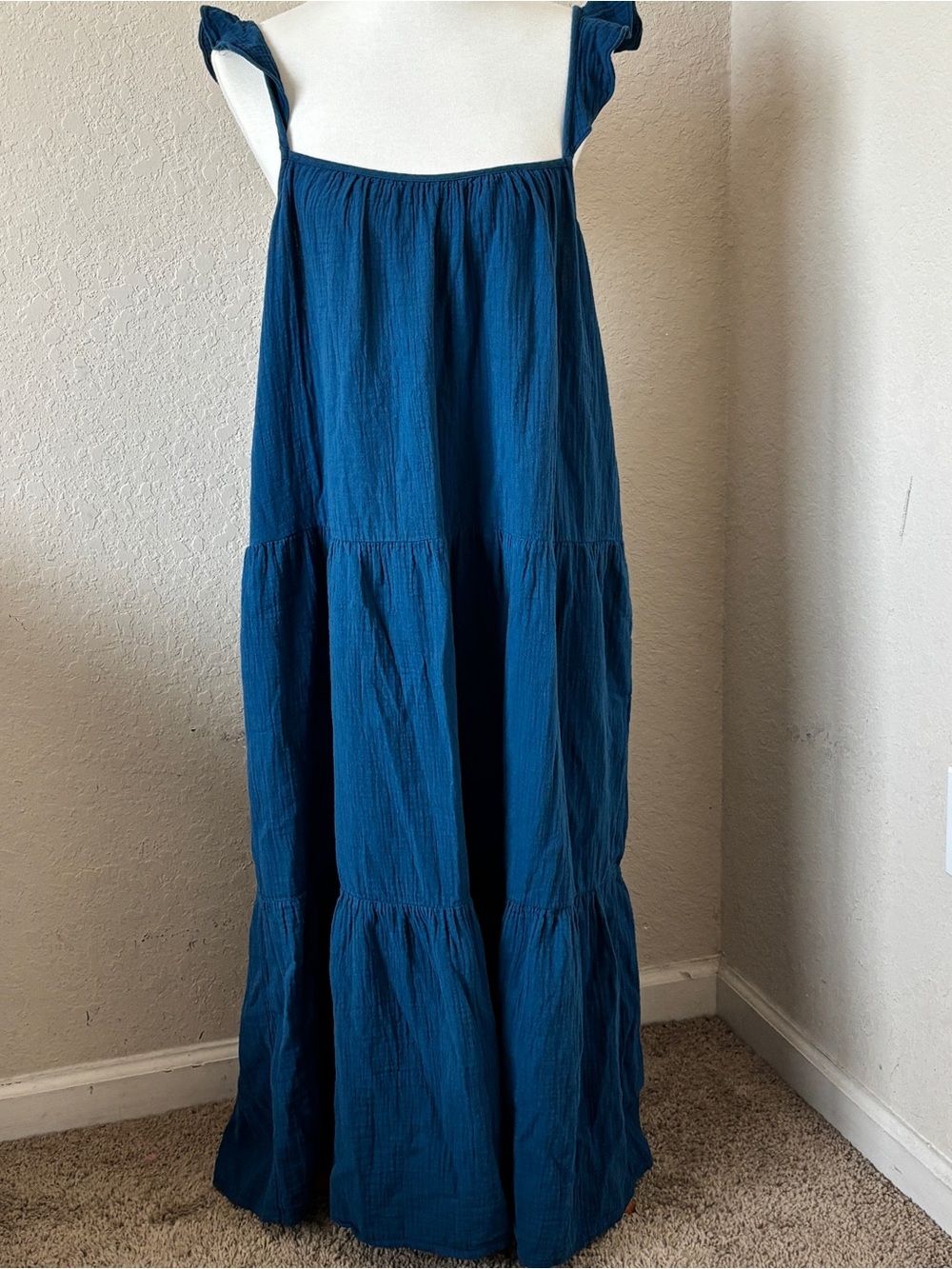 J Crew Plus Ruffle Strap Cotton Gauze Tiered Beachy Maxi Dress Blue XXL - Picture 3 of 8
